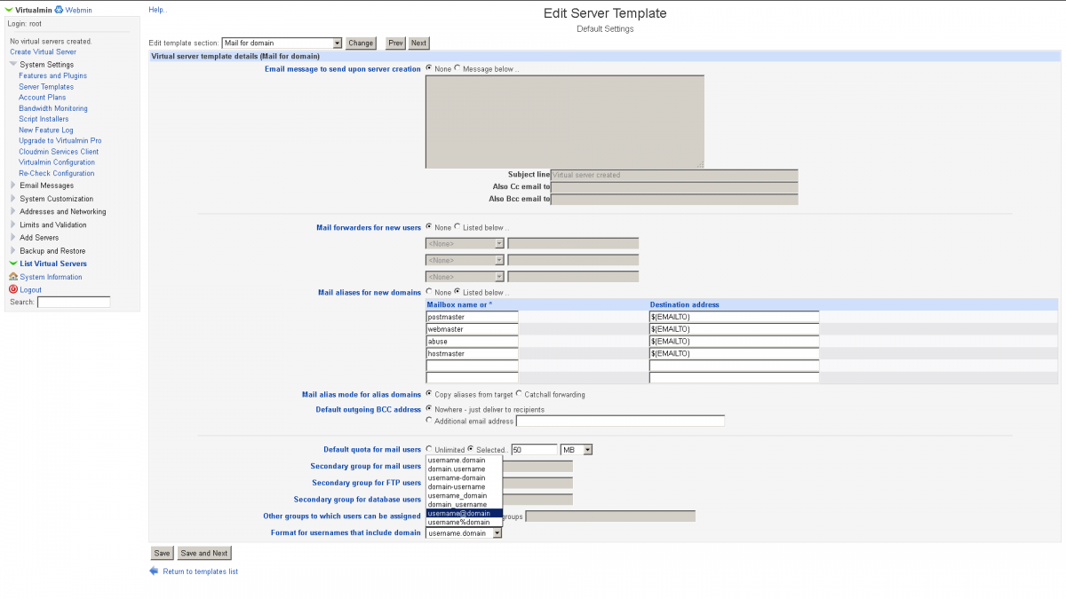 selecting e-mail username στο Virtualmin screenshot