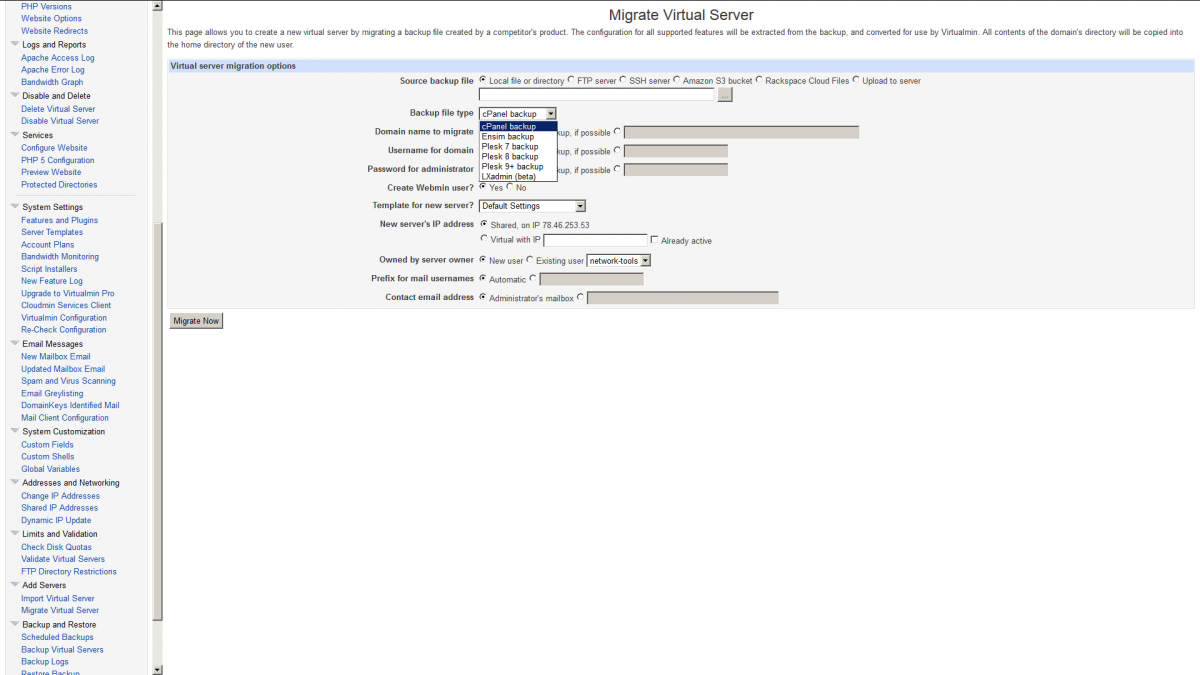 Virtualmin cpanel plesk migration screenshot
