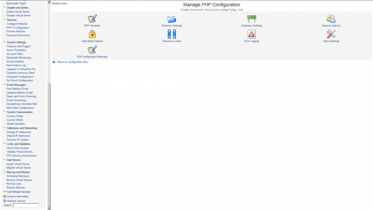 Virtualmin services configuration screenshot