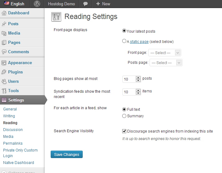 WordPress reading settings page